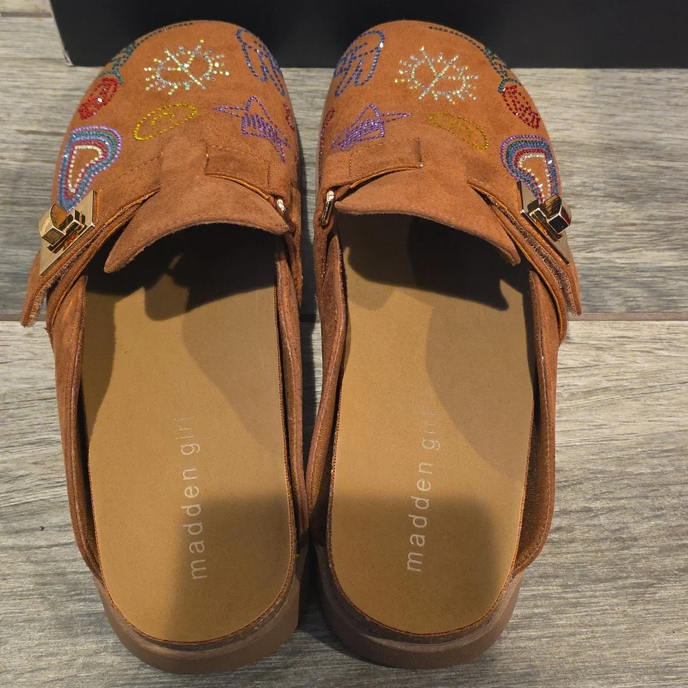 Madden Girl Brown Embroidered Slide Mules